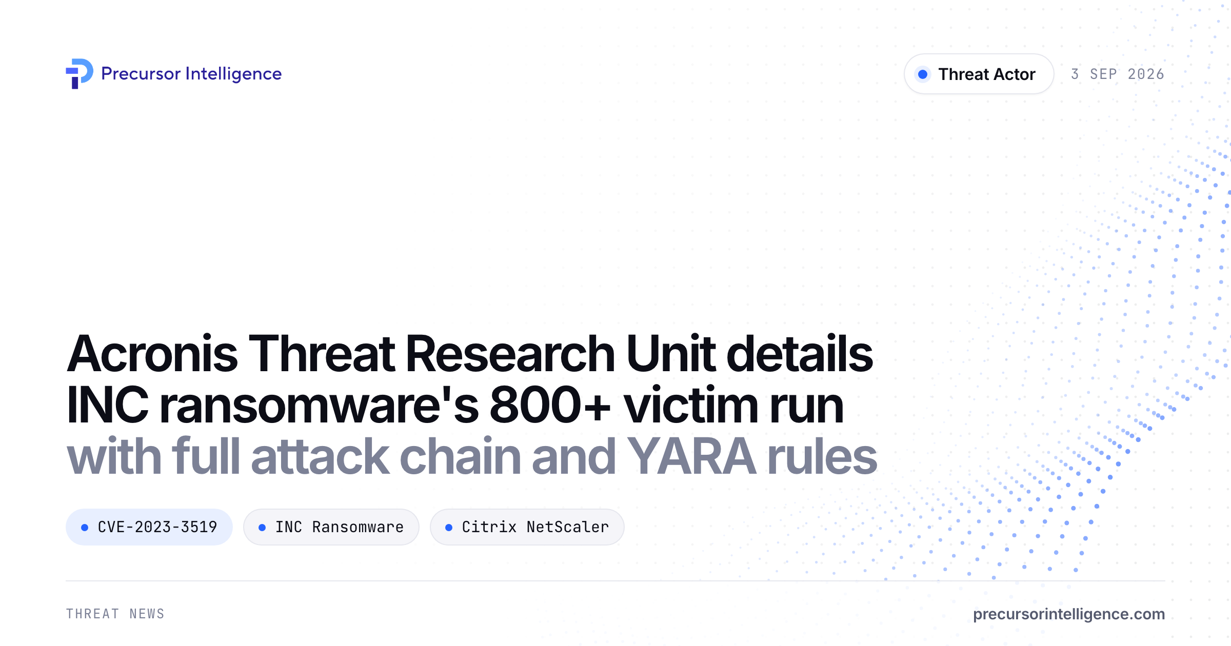 Acronis Threat Research Unit details INC ransomware's 800+ victim run with full attack chain and YARA rules